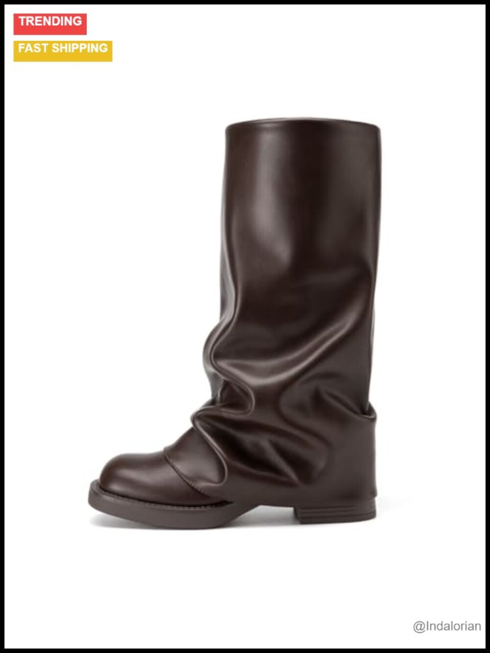 Fold Over Knee High Boots Pull On Square Toe Slouchy Faux Leather
